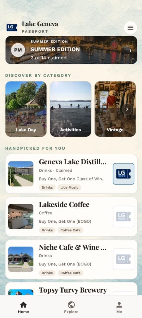 What a passport holder sees: their member pass and the browse-by-category view with spots organized by Lake Day, Activities, Drinks, and more