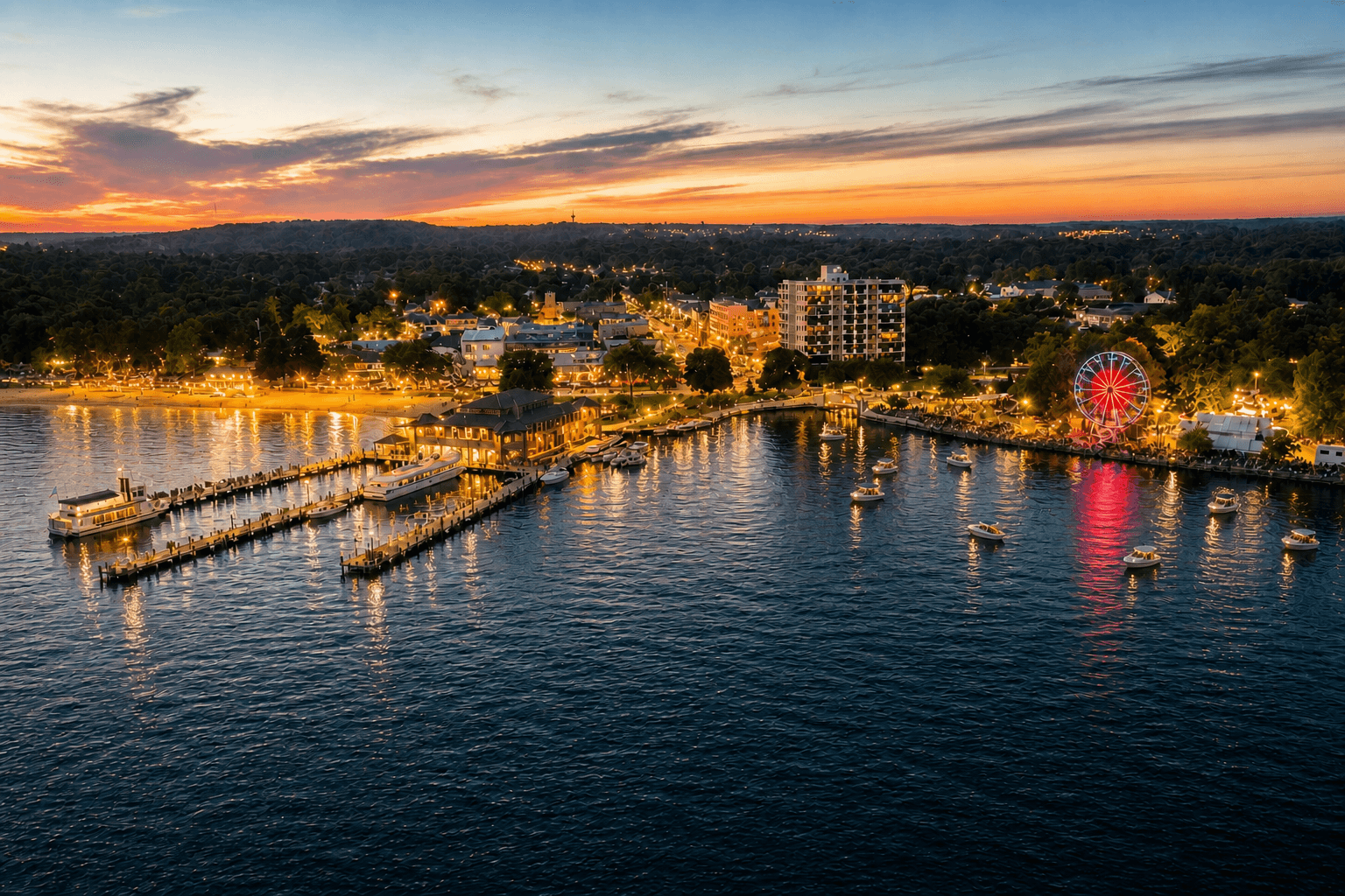 Lake Geneva shoreline glowing at golden hour