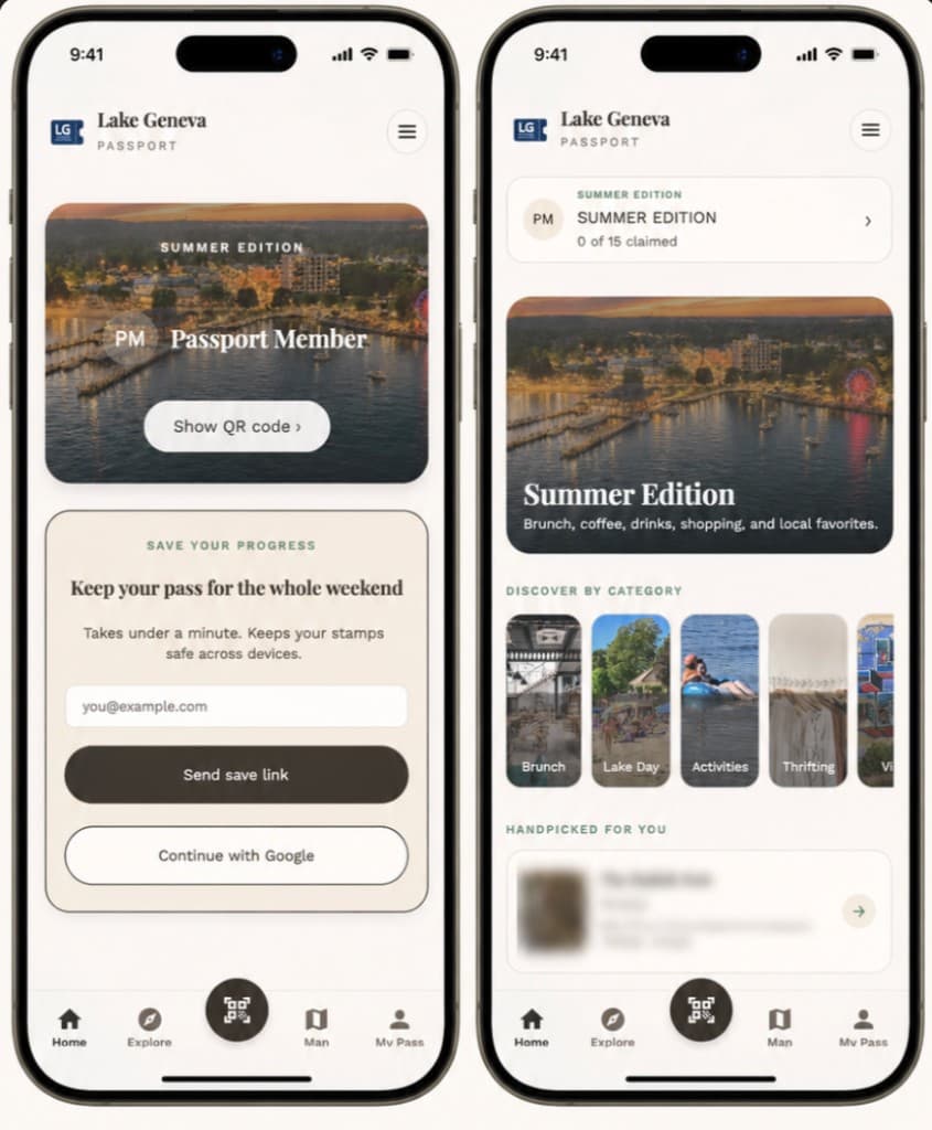 What a passport holder sees: their member pass and the browse-by-category view with spots organized by Brunch, Lake Day, Activities, and more