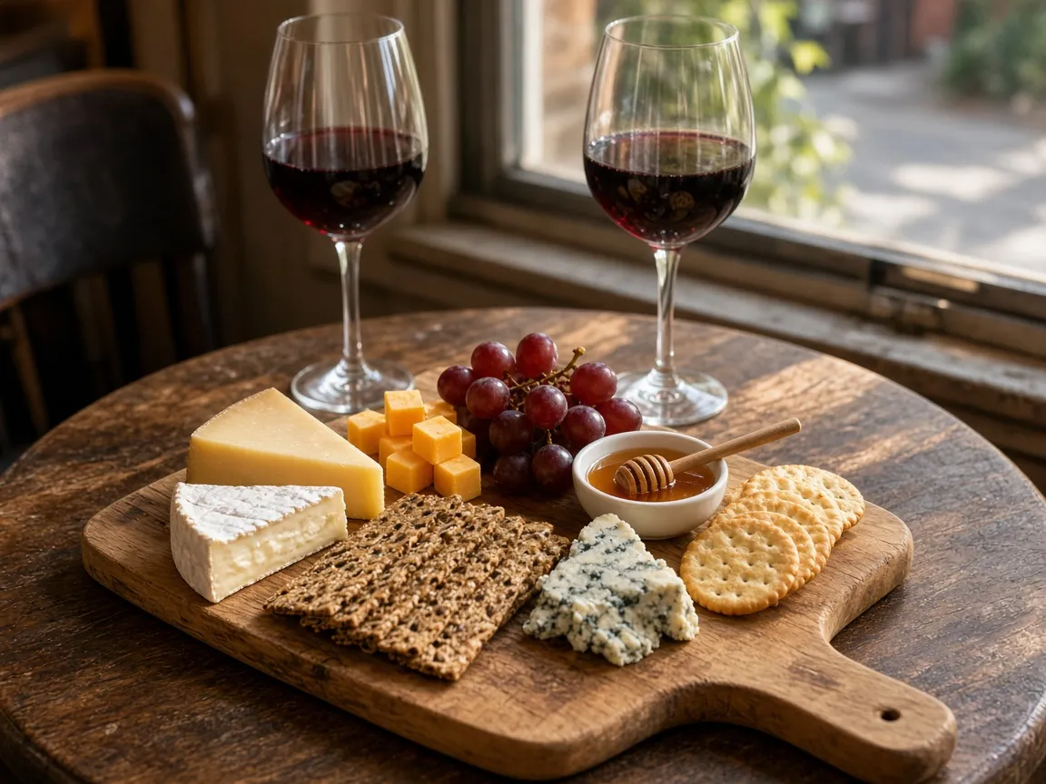 A cheese board with grapes, honey and two glasses of red wine by a window