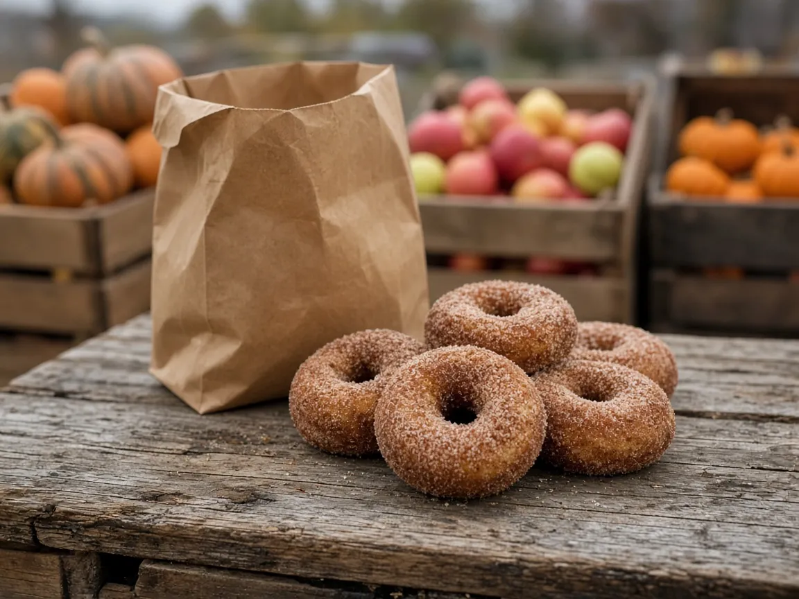 Cinnamon-sugar cider donuts on a farm stand counter with apples and pumpkins behind