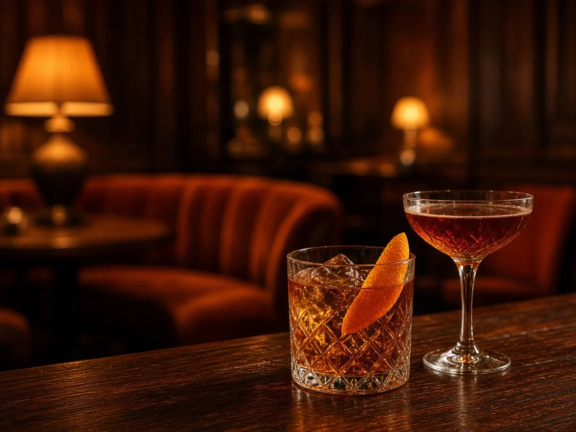 Two cocktails on a dark wood bar in a warm, lamp-lit retro lounge