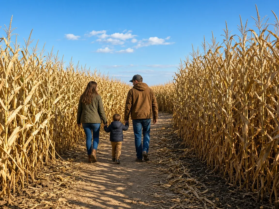 A family walking hand in hand down a corn maze path under a blue sky