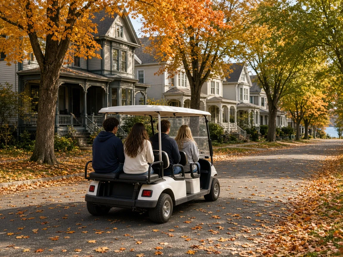 Friends riding a golf cart down a leafy street of old houses in fall