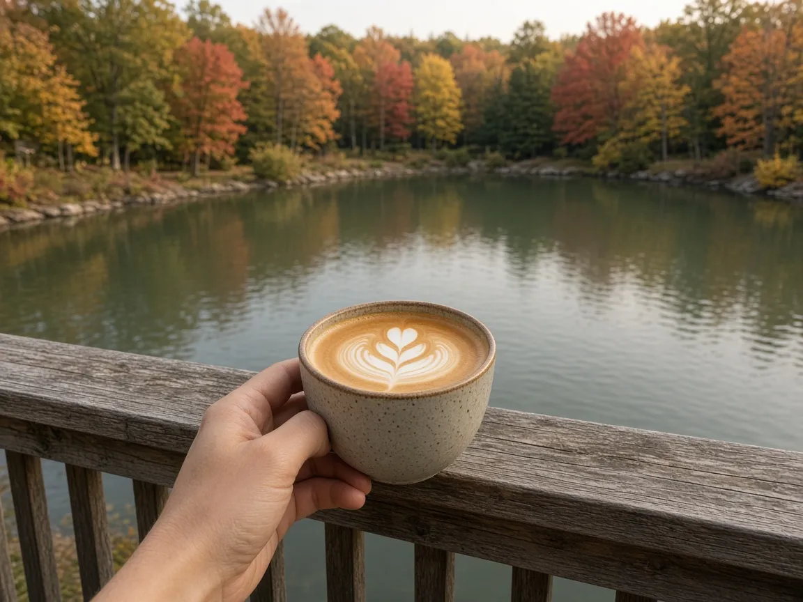 A latte held on a deck railing above a calm lake with fall trees