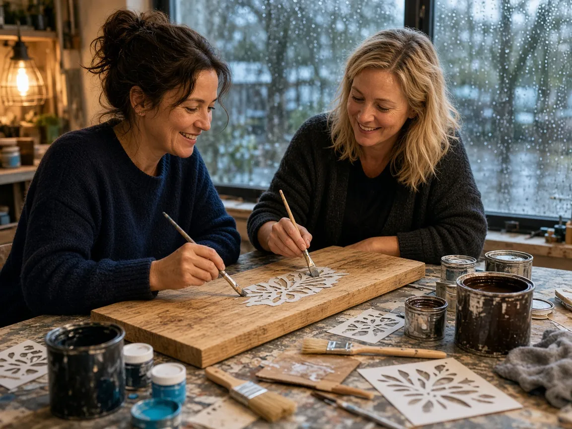 Two friends painting a wooden sign at a workshop table while rain hits the window