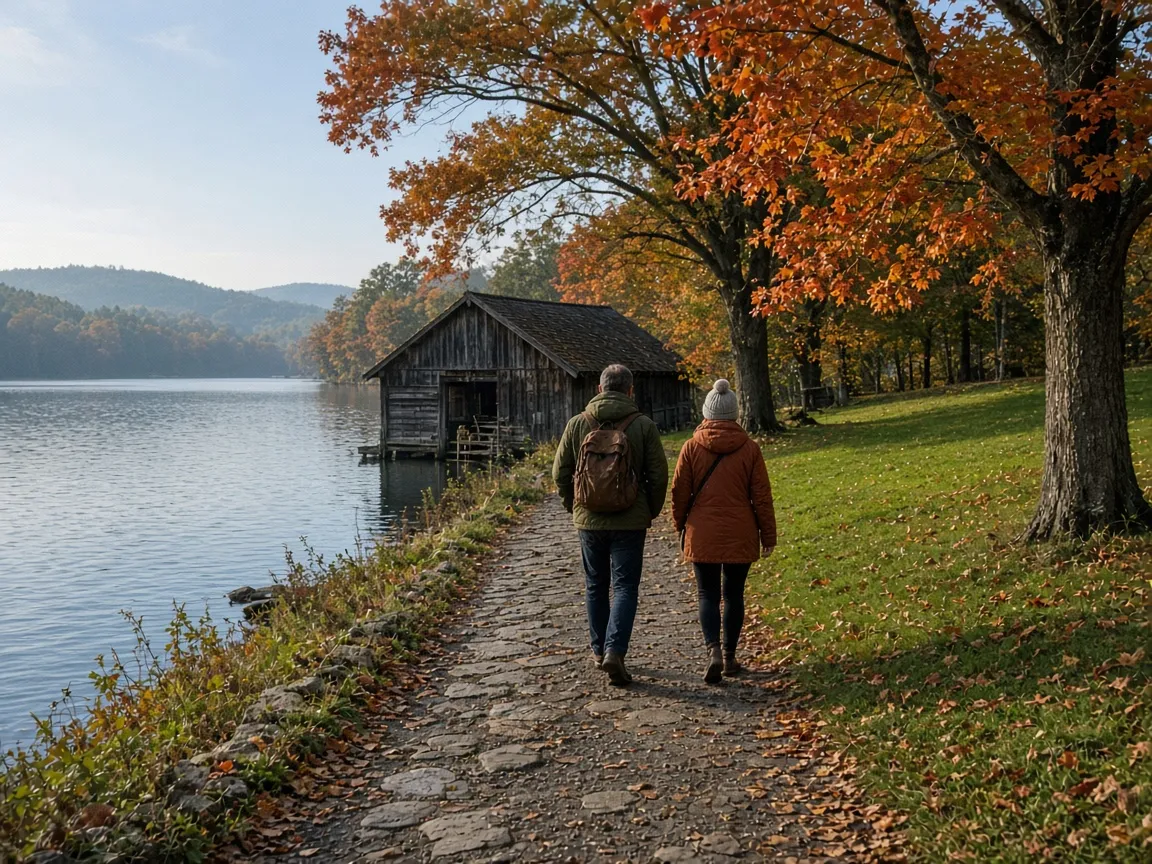 Two people walking a stone lakeside path past a boathouse under orange maples