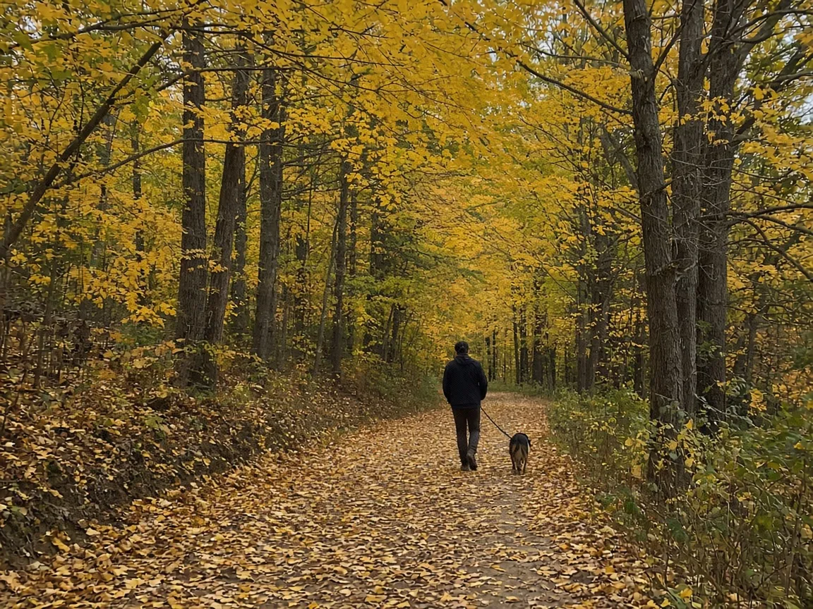 A person walking a dog down a leaf-covered trail under a gold canopy