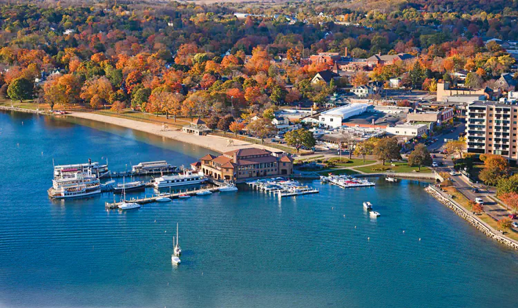 Aerial view of Lake Geneva's harbor in autumn