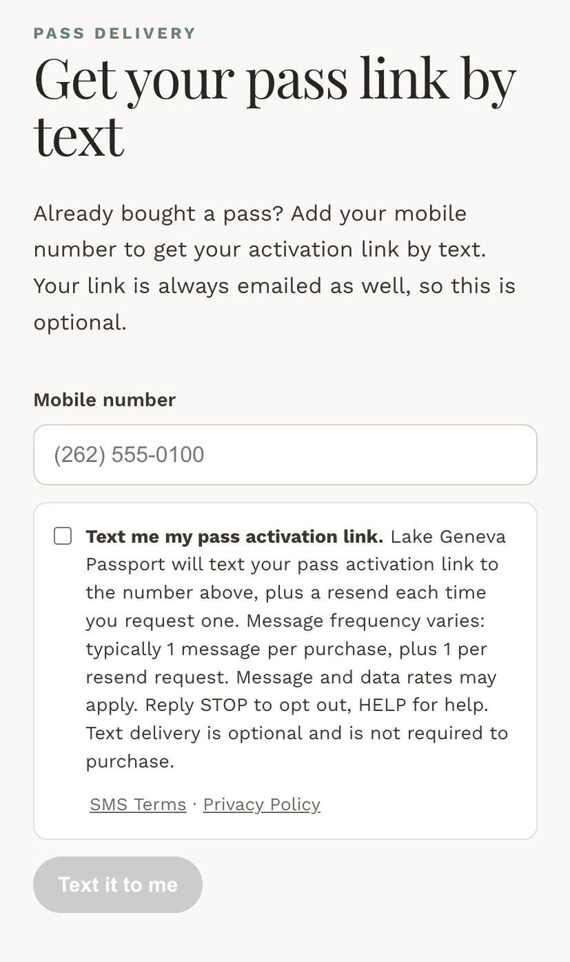 Lake Geneva Passport SMS opt-in form showing the mobile number field, the unchecked consent checkbox, and the full disclosure